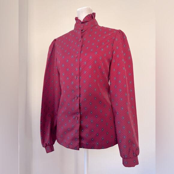 Vintage ‘70s Ship ‘n Shore Burgundy Long Sleeve Collared Button Down Blouse - Picture 2 of 9